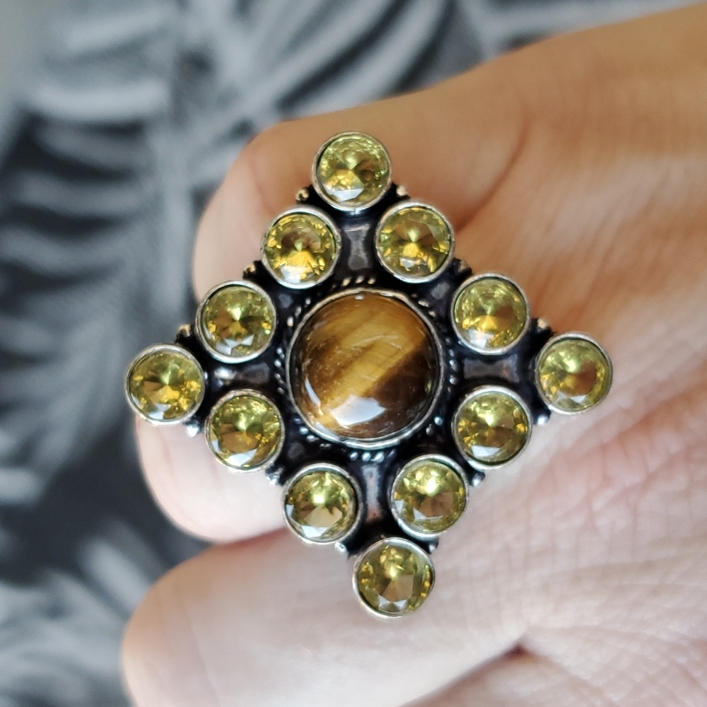 New Oversized Tiger Eye and Citrine 925 Silver Statement Ring. - Picture 5 of 8